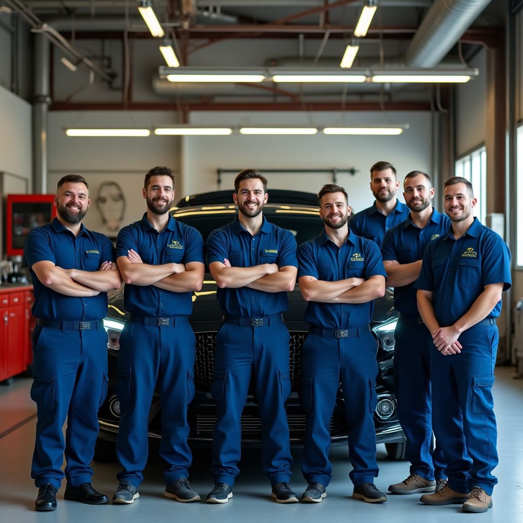 Equipo de AutoServicio Express frente al taller